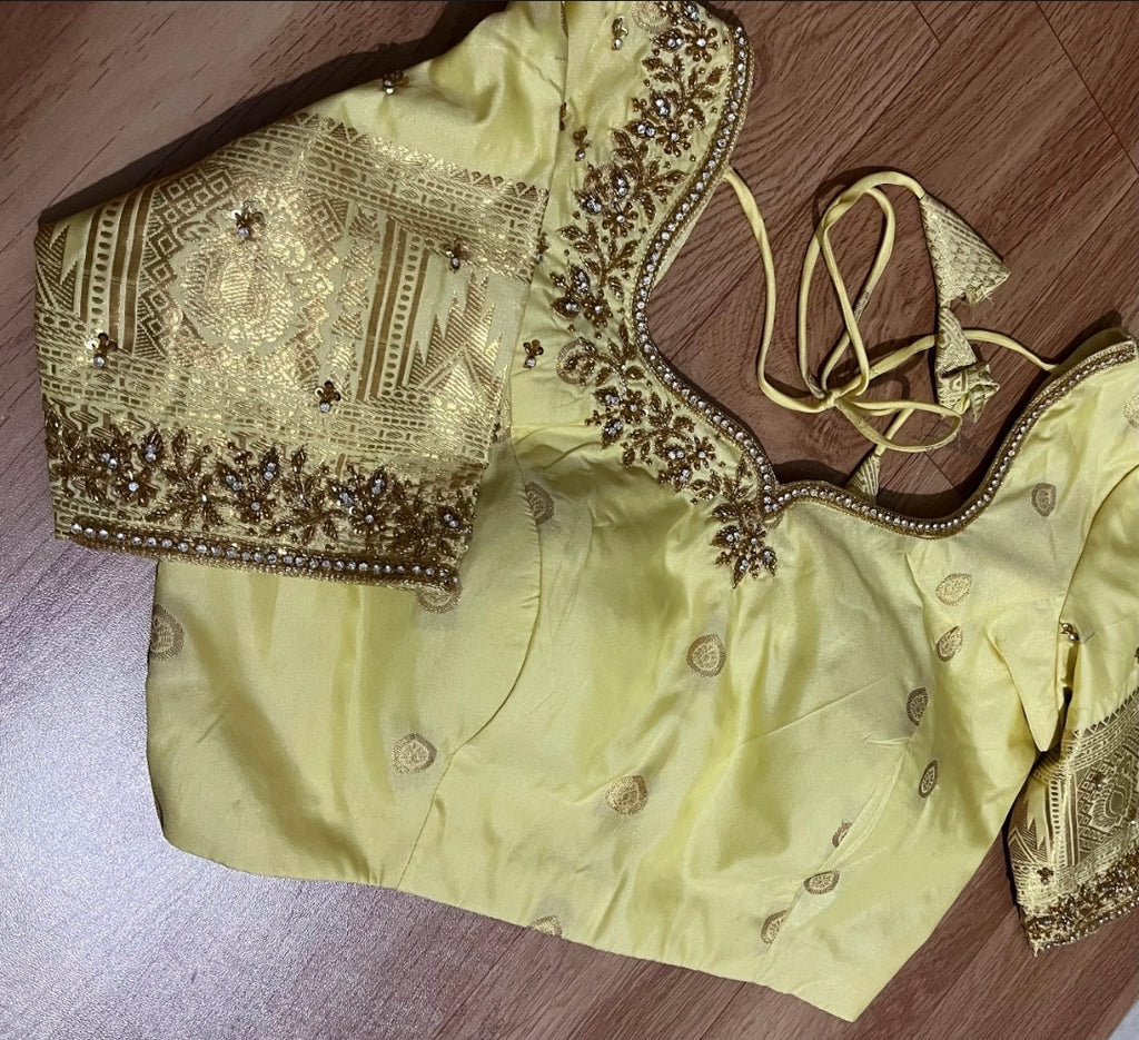 Gadwal Mustard Yellow & Golden Half Saree with Maggam Work Stitched Blouse