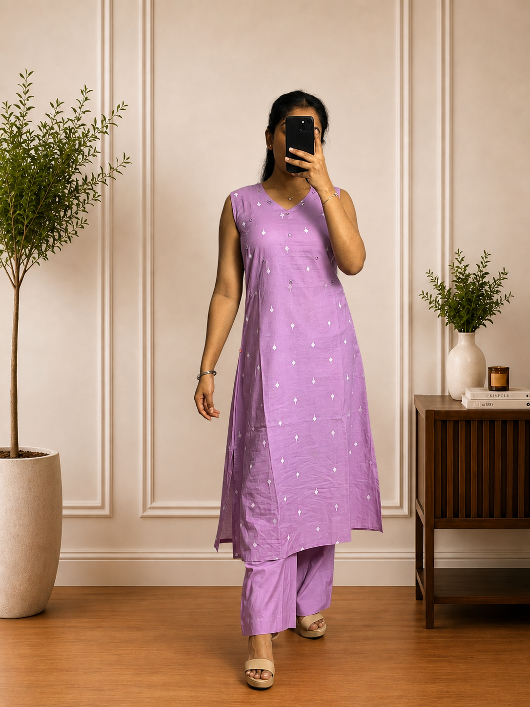 Purple Cotton Mirror Work Straight Kurta Set