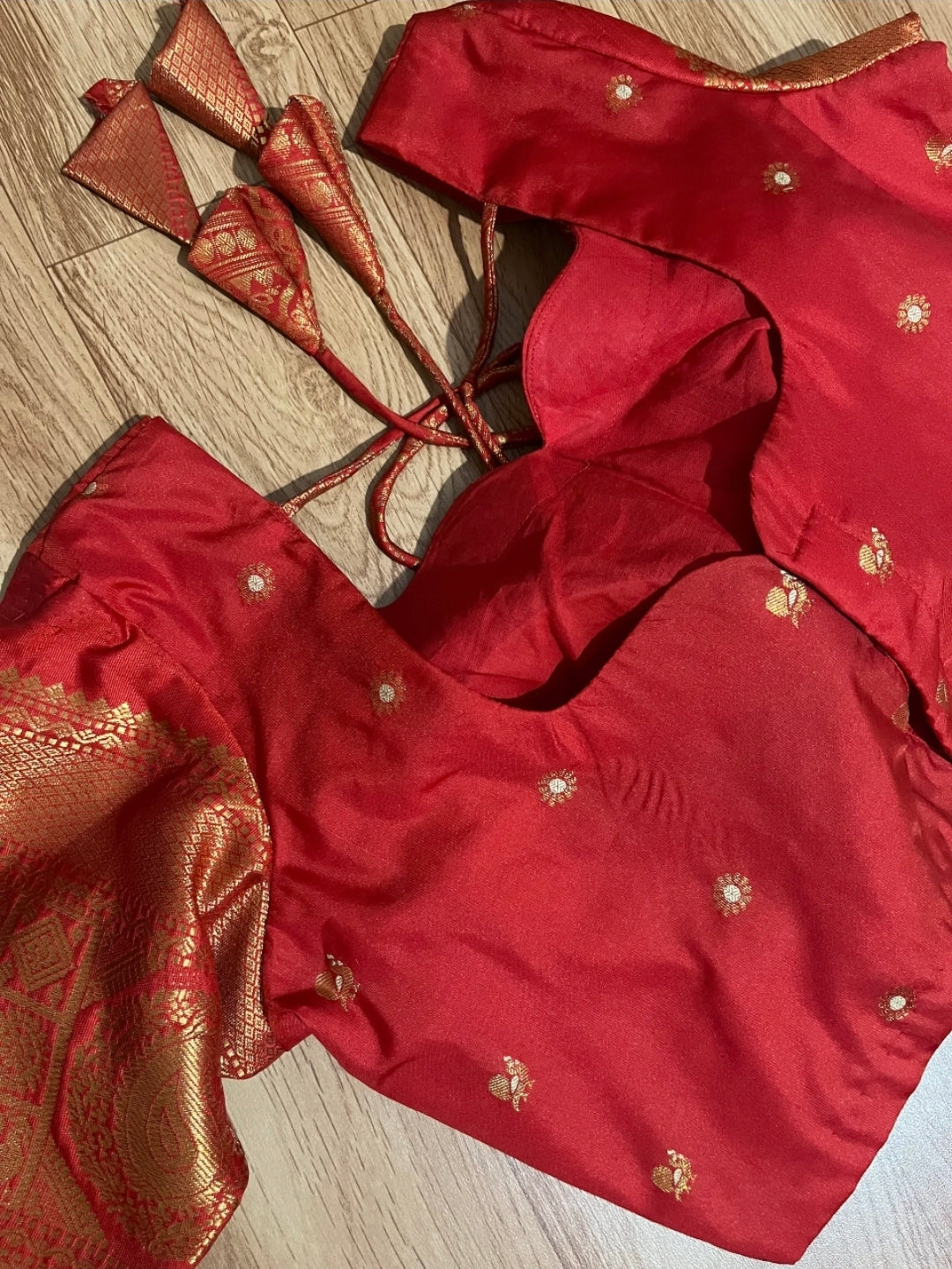 Gadwal Turquoise Blue & Red Half Saree with Stitched Blouse