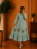 Green Gingham Cotton Dress with Shirt Collar & Floral Embroidered Hem