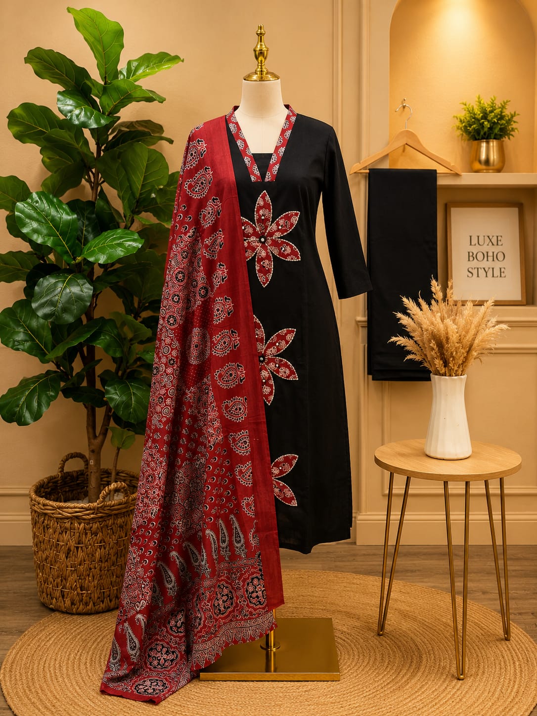 Black & Maroon Dabu Print Cotton Three-Piece Suit Set
