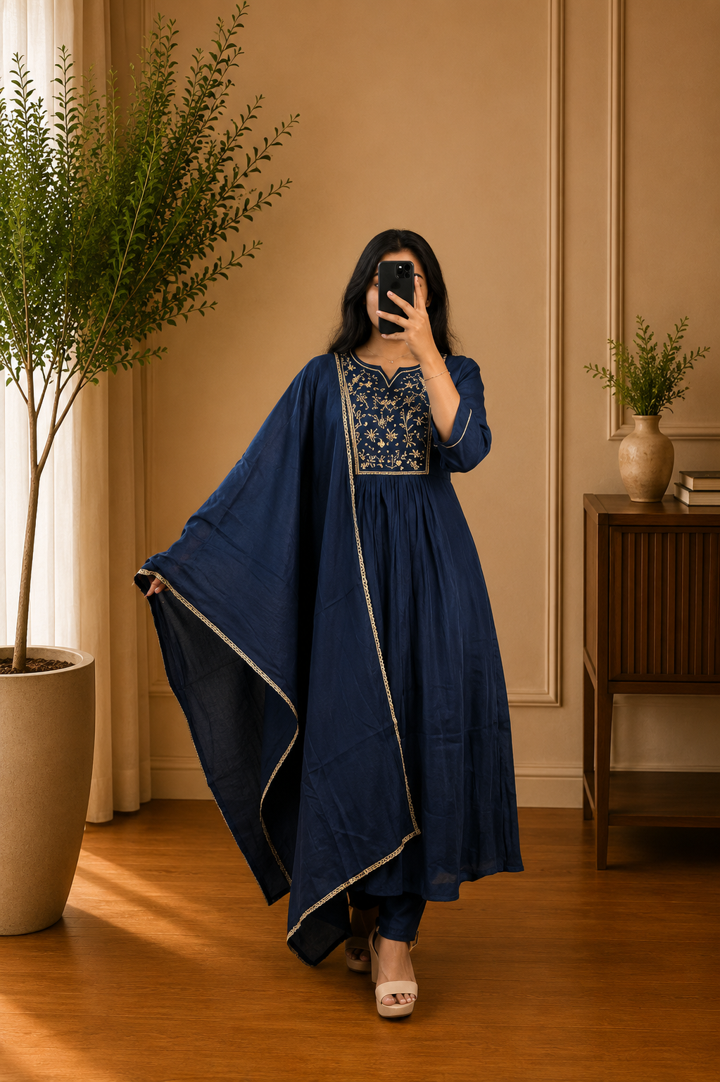 Navy Blue Mul Chanderi Floral Thread Embroidered Anarkali Suit Set