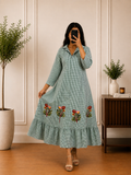 Green Gingham Cotton Dress with Shirt Collar & Floral Embroidered Hem