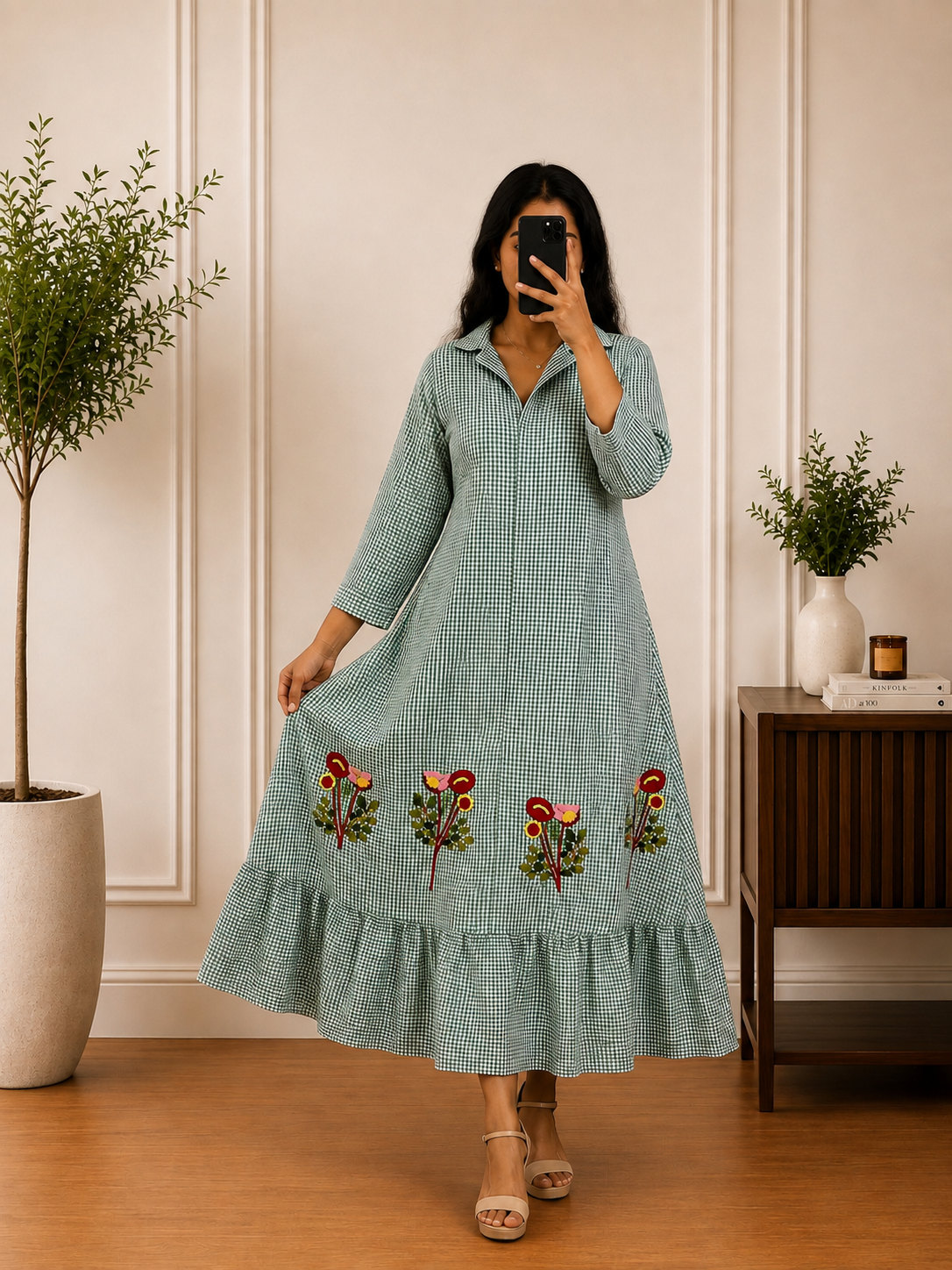 Green Gingham Cotton Dress with Shirt Collar & Floral Embroidered Hem