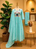 Aqua Blue Floral Embroidered Mul Cotton Anarkali Suit Set
