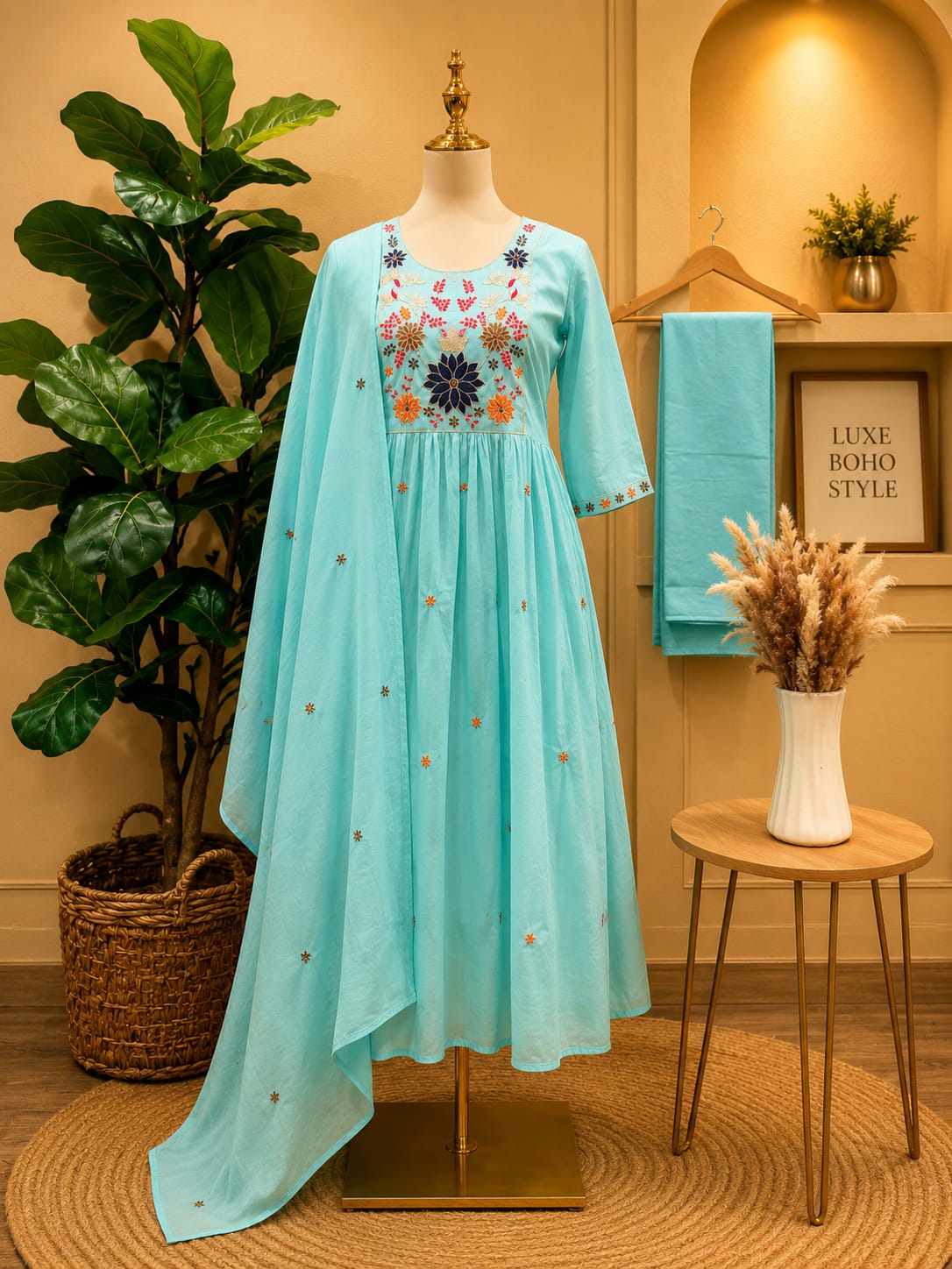 Aqua Blue Floral Embroidered Mul Cotton Anarkali Suit Set