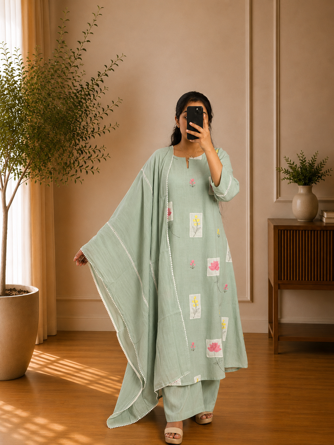 Sage Green Mul Chandheri Floral  Thread Embroidered Suit Set