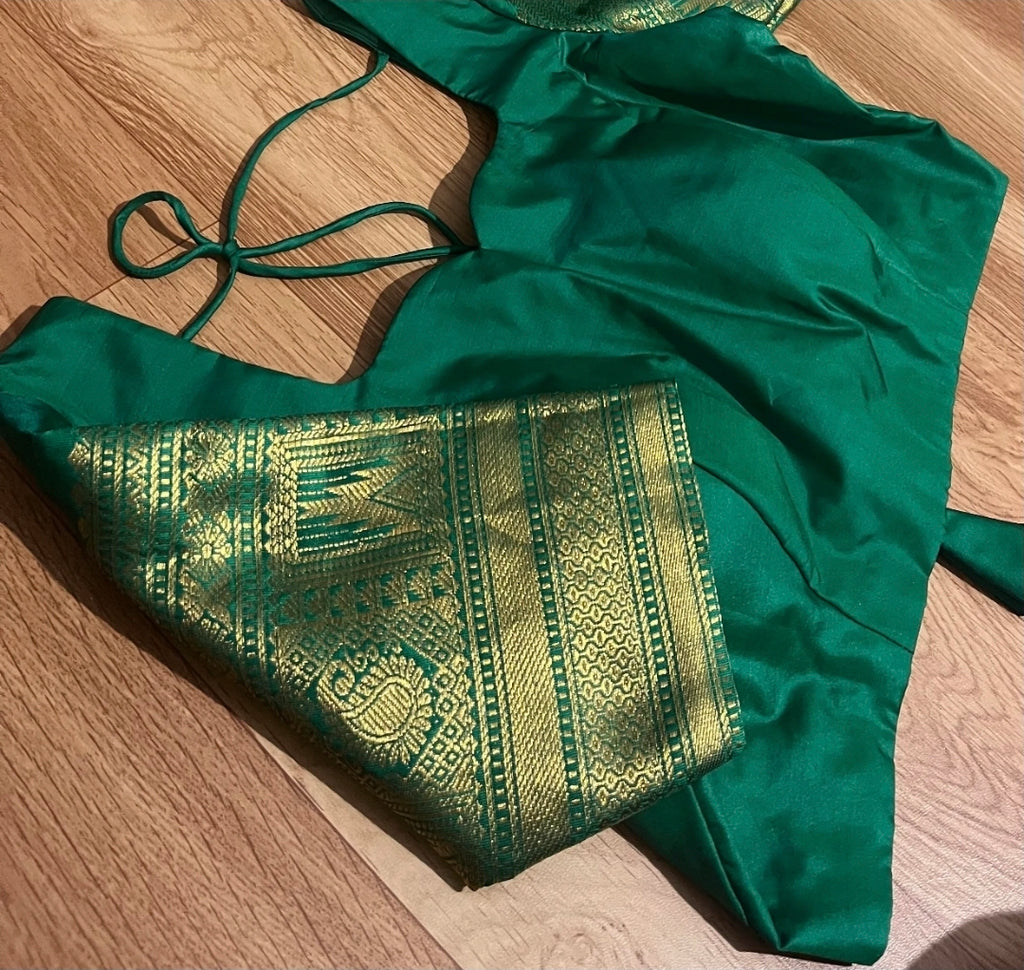 Gadwal Green & Red Traditional Half Saree with Stitched Blouse