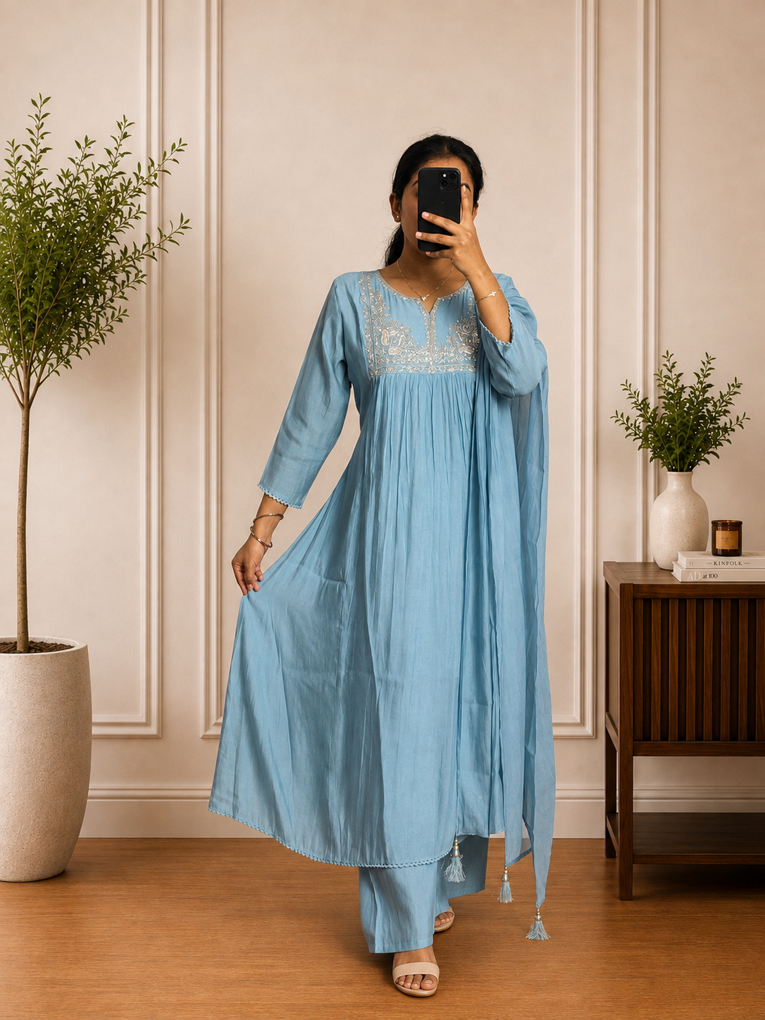 Sky Blue Mul Chandheri Suit Set