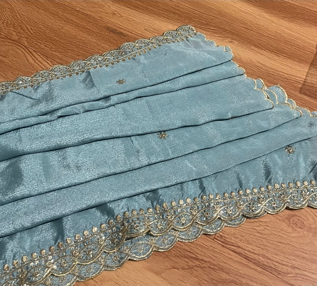 Gadwal Sky Blue & Purple Half Saree with  Stitched Blouse