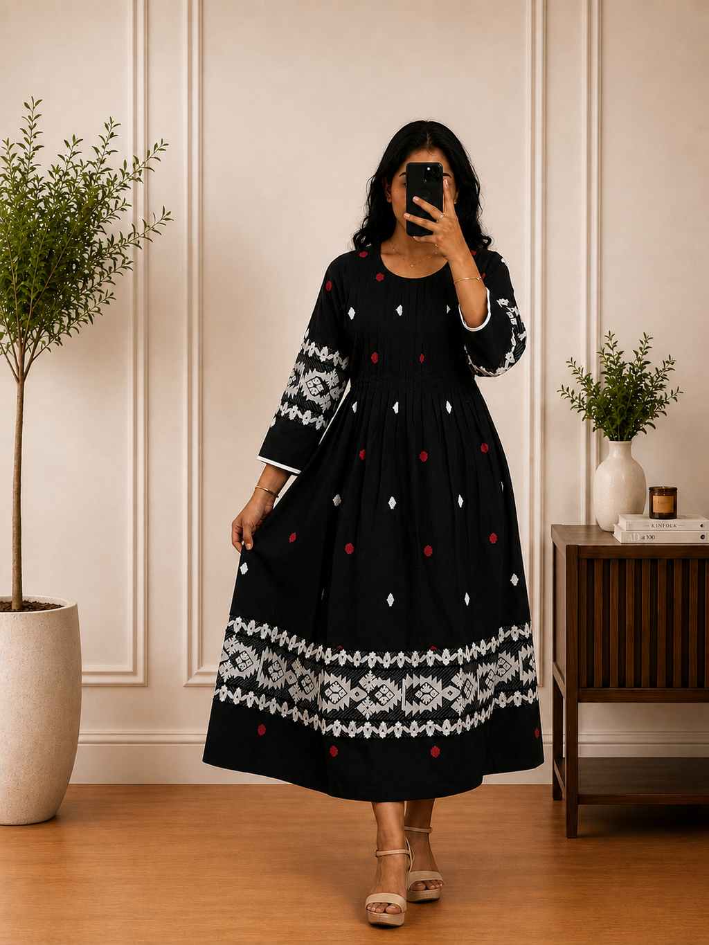 Black Cotton  Floral Printed Frock