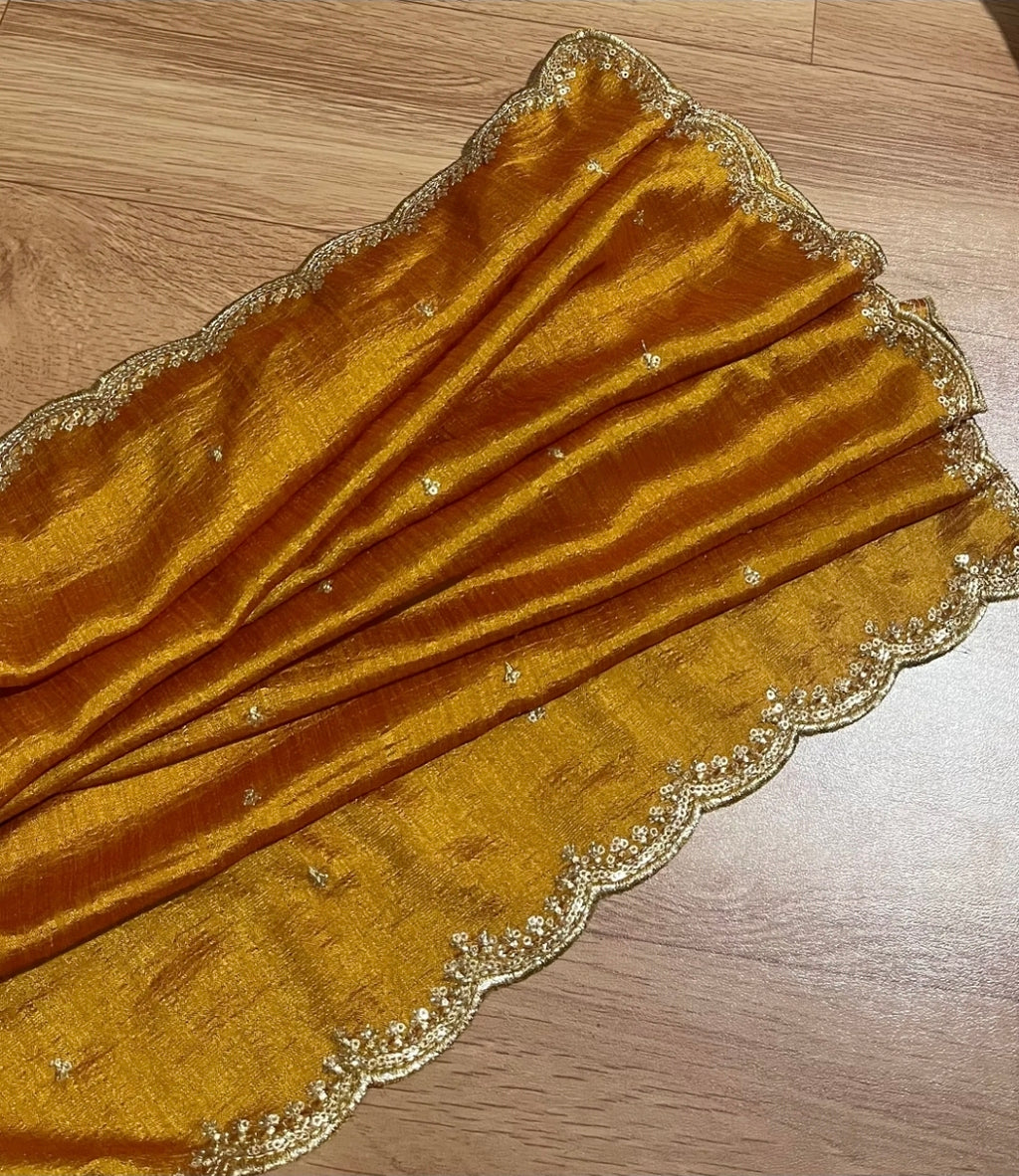 Gadwal Mustard Yellow & Golden Half Saree with Maggam Work Stitched Blouse