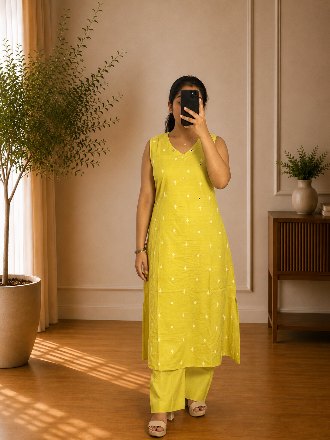 Yellow Cotton Mirror Work Straight Kurta Set