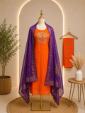 ✨ Vibrant Orange Embroidered Chinnon Suit Set with Royal Purple Banarasi Dupatta ✨🧡💜