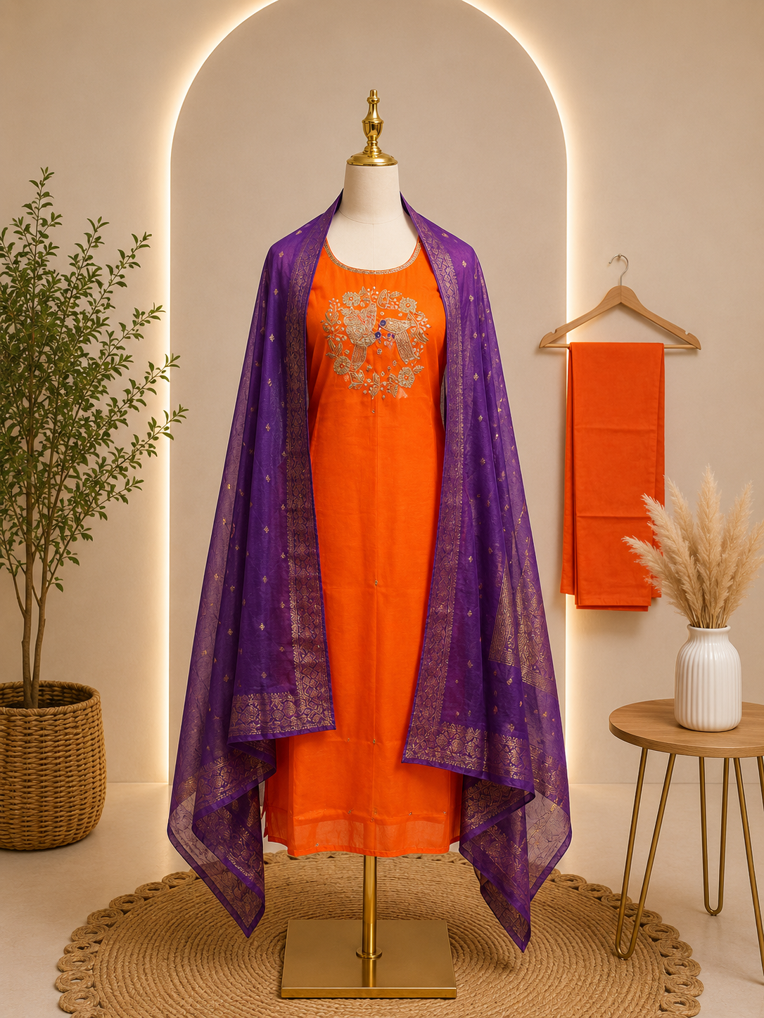 ✨ Vibrant Orange Embroidered Chinnon Suit Set with Royal Purple Banarasi Dupatta ✨🧡💜
