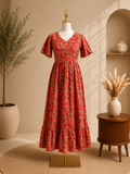 Scarlet Blossom Printed Cotton Midi Dress ❤️🌸