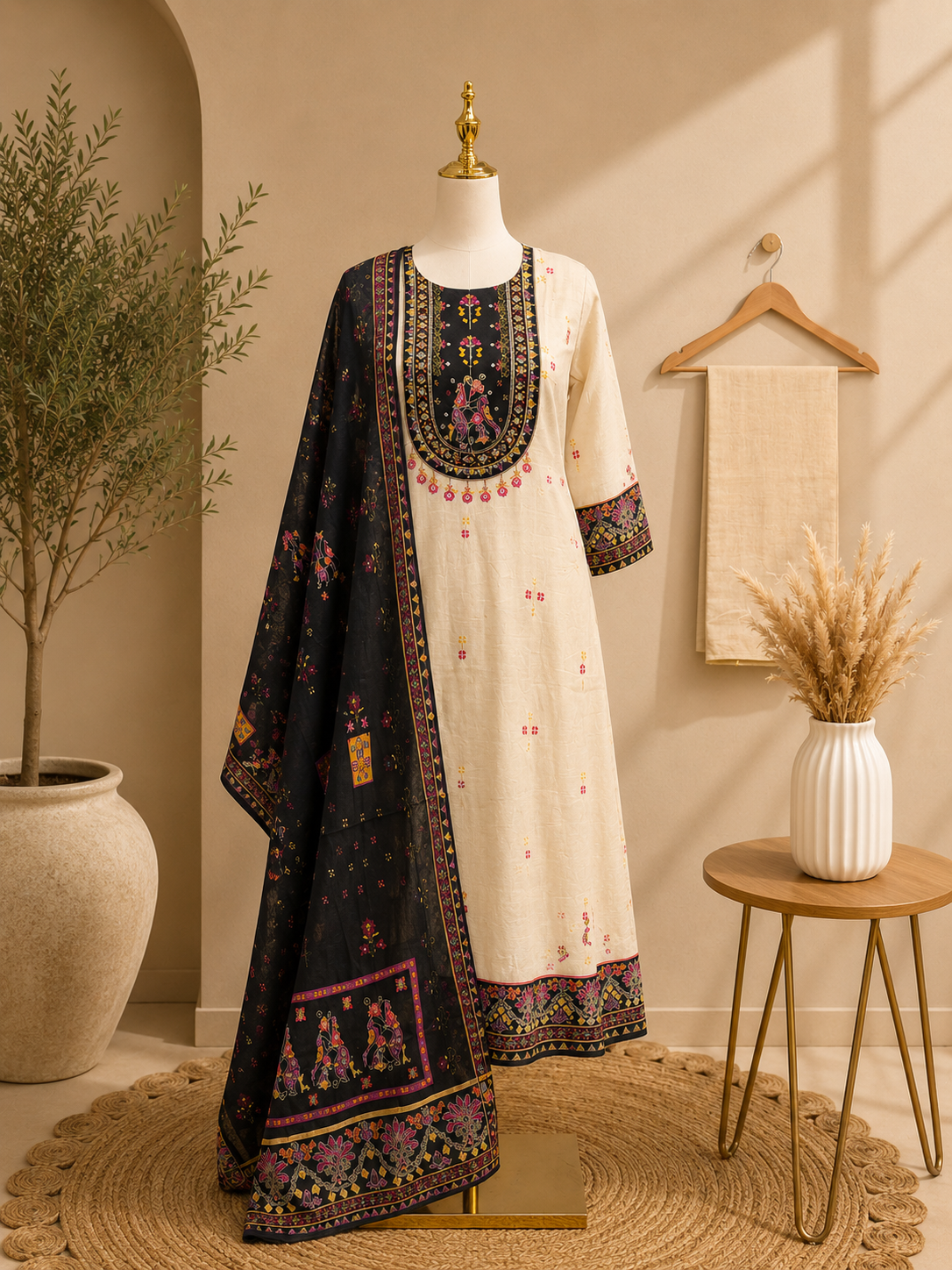 Ivory & Black Heritage Print Three-Piece Suit Set