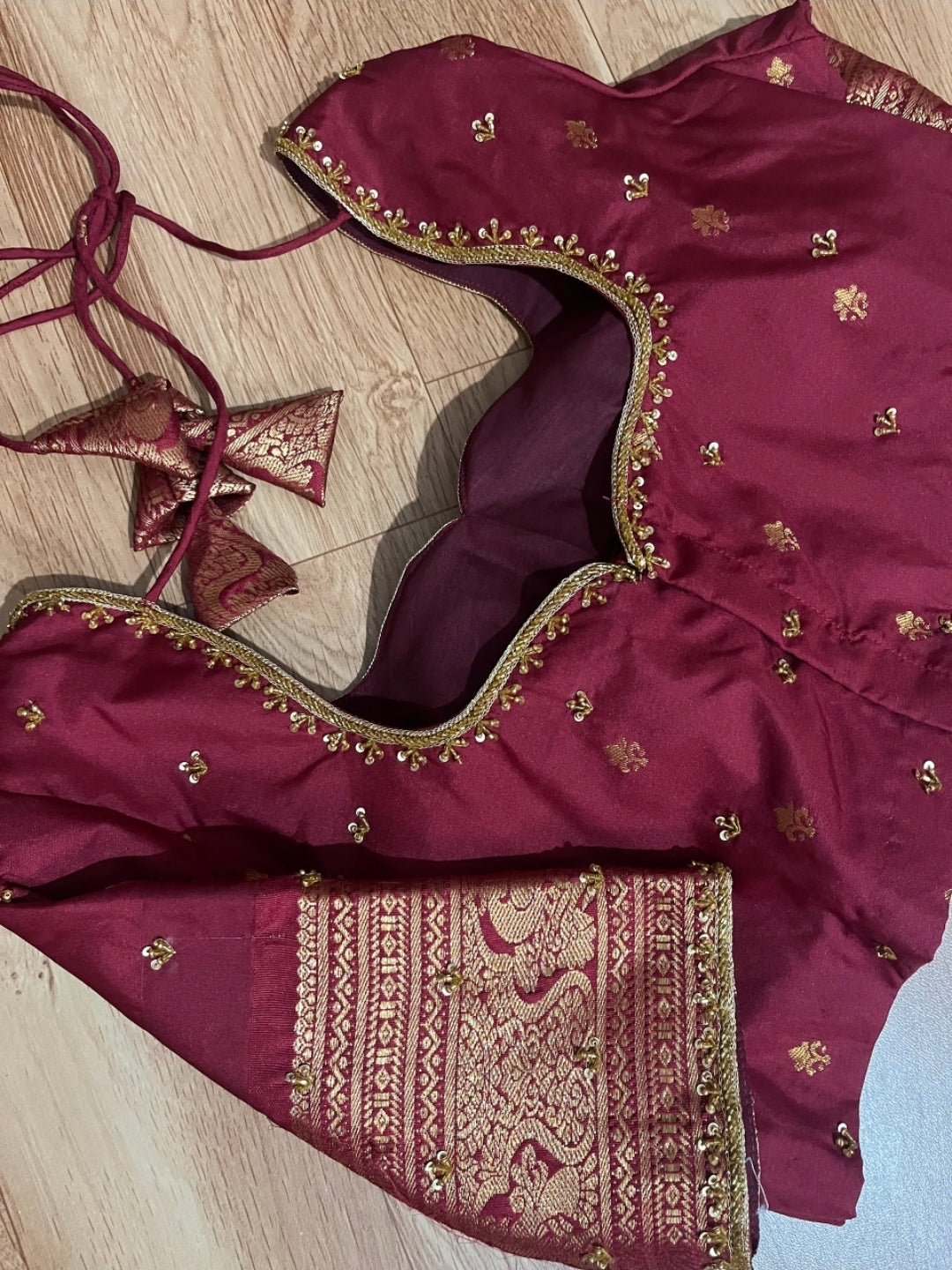 Gadwal Purple & Maroon Half Saree with Maggam Work Stitched Blouse
