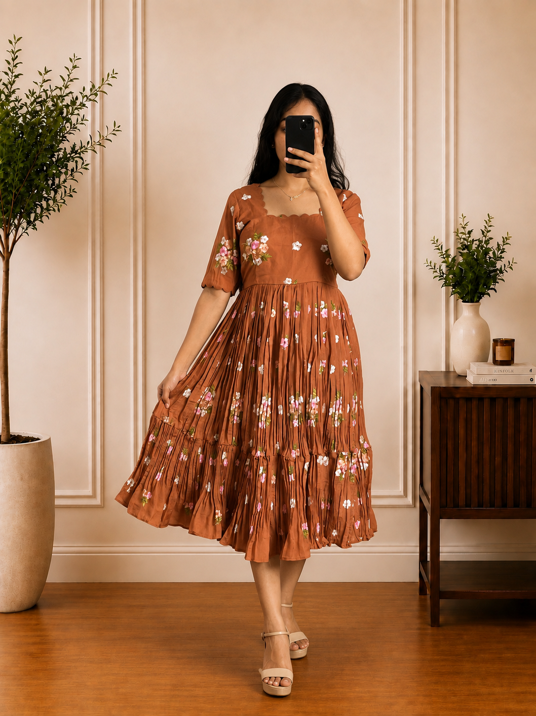 Boutique Stitched Sage Brown Floral Embroidered Iron Pleated Mul Chanderi Frock