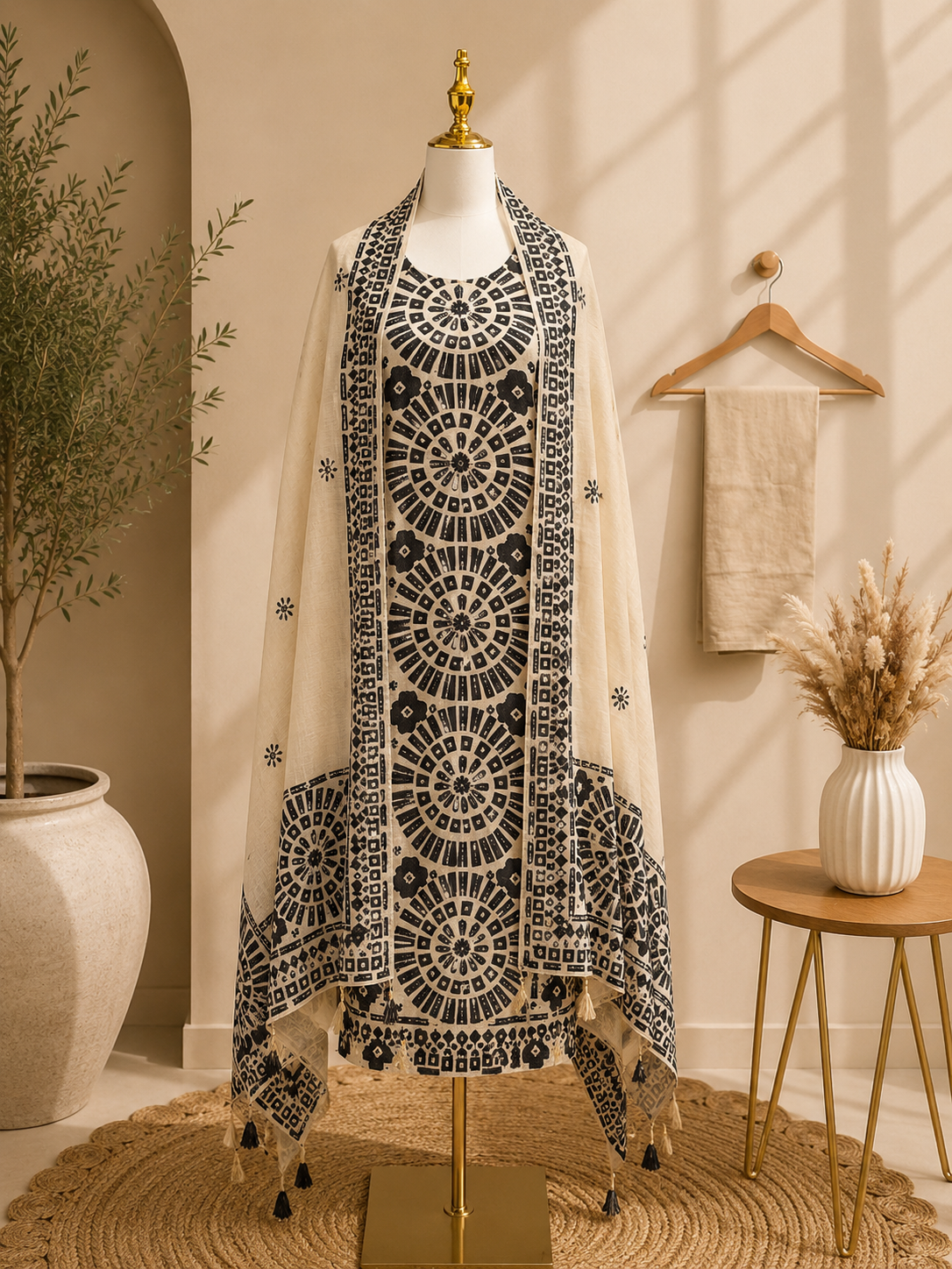 Monochrome Mandala Print Cotton Kurta Set with Dupatta