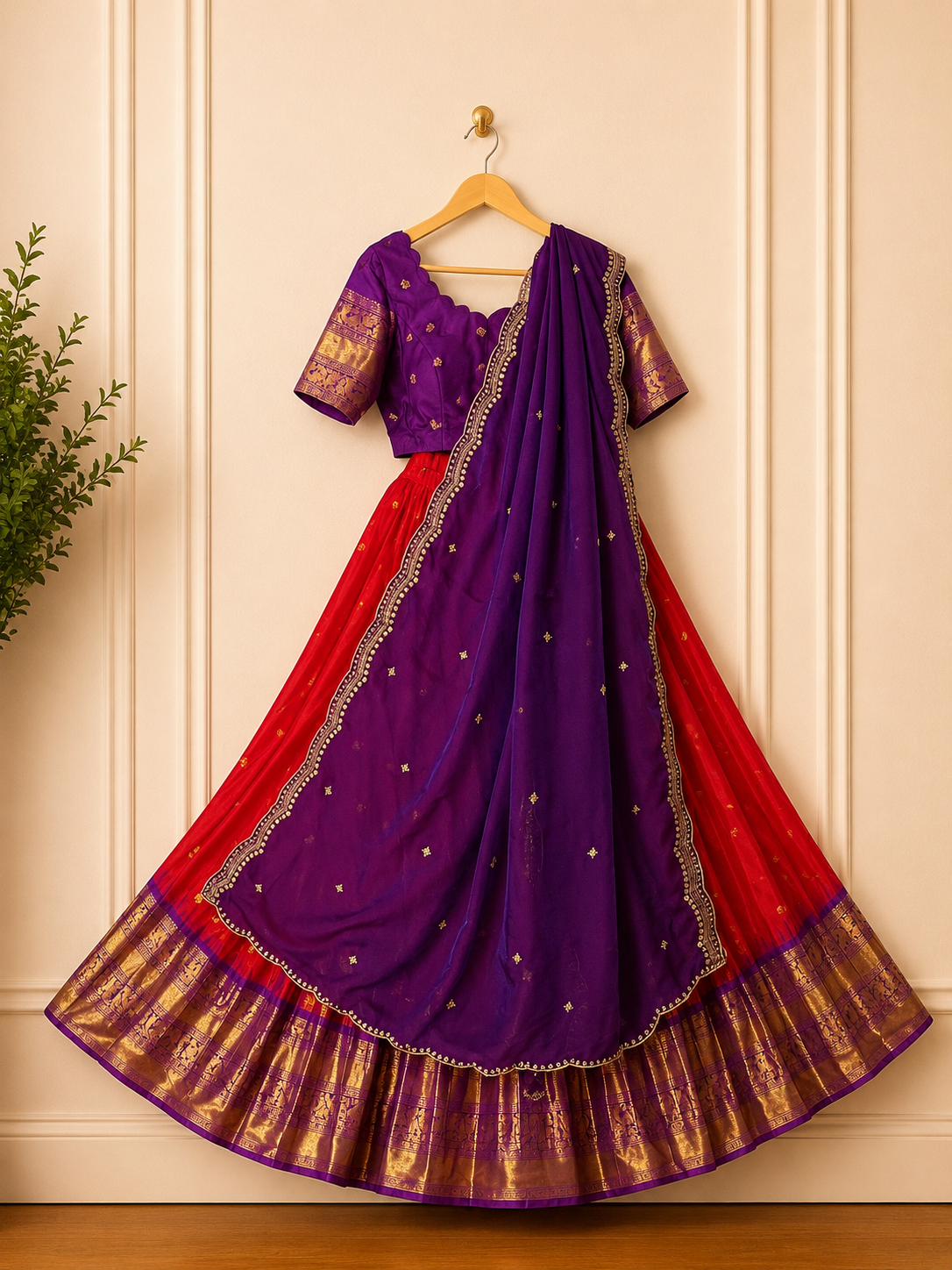 Gadwal Royal Purple & Red Half Saree with Stitched Blouse