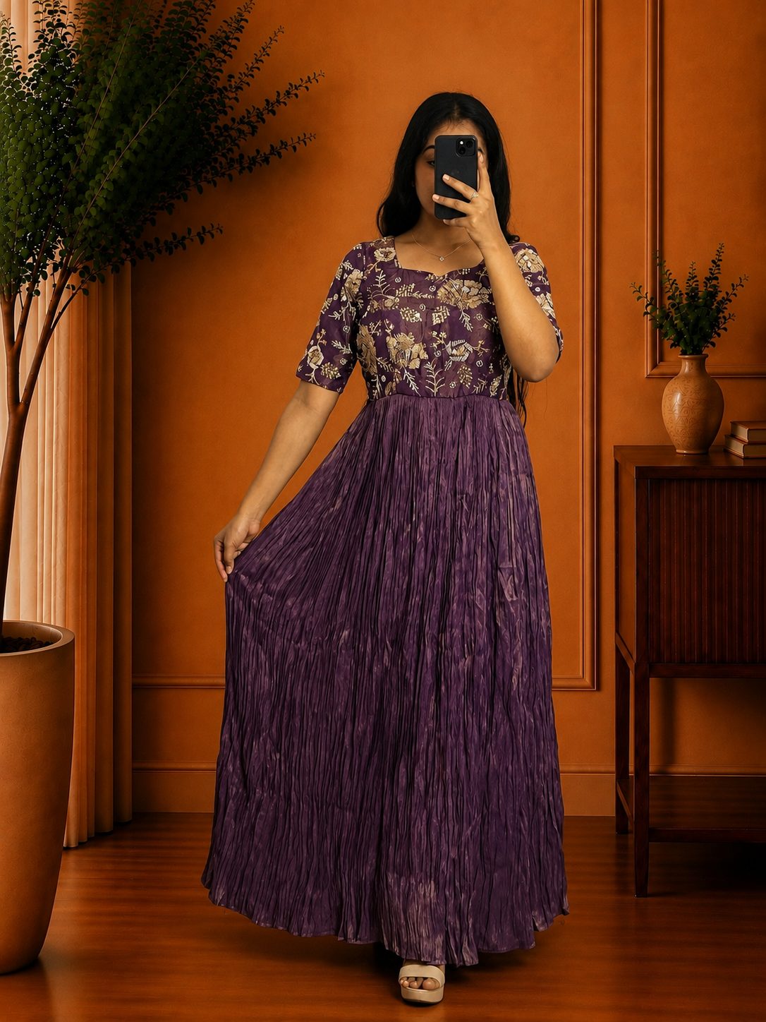 Boutique Stitched Purple with Sequin Embroidered Floral Iron Pleated Tissue Shimmer frock