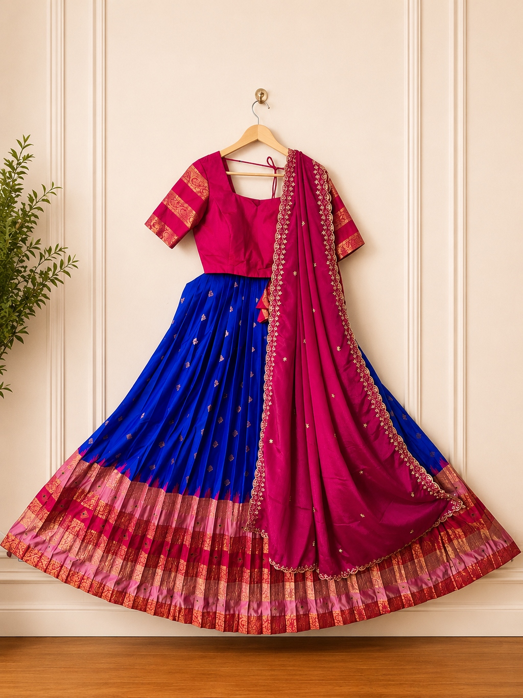 Gadwal Royal Blue & Pink Half Saree with Stitched Blouse