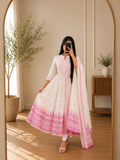 Ivory Pink Cotton Printed Anarkali Suit Set with Dupatta