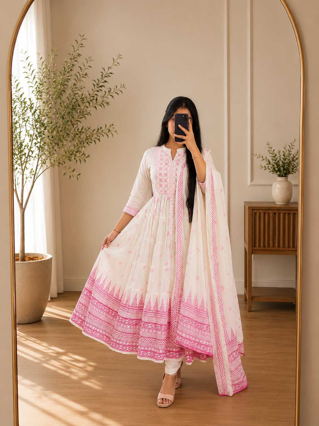 Ivory Pink Cotton Printed Anarkali Suit Set with Dupatta