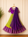 Gadwal Lime Green & Purple Half Saree with Maggam Work Stitched Blouse