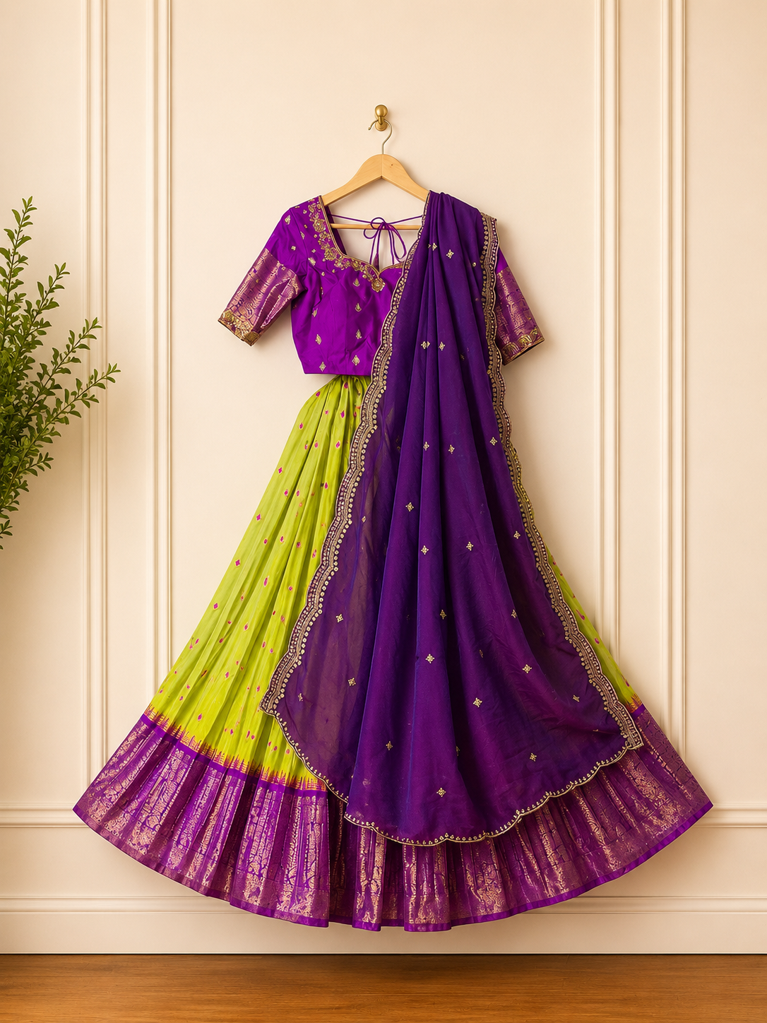 Gadwal Lime Green & Purple Half Saree with Maggam Work Stitched Blouse