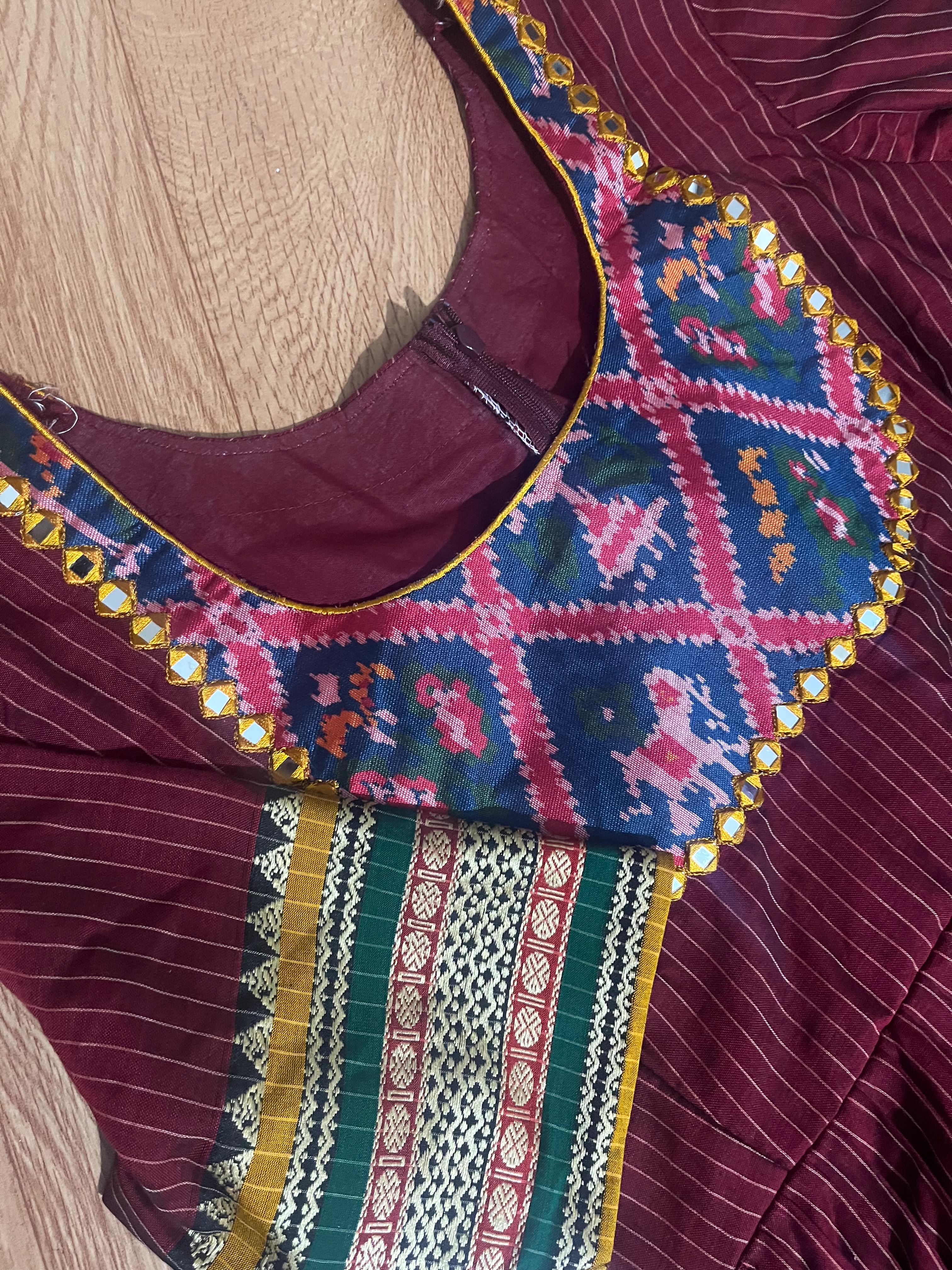 Maroon Cotton Frock with Printed Yoke & Border Detail