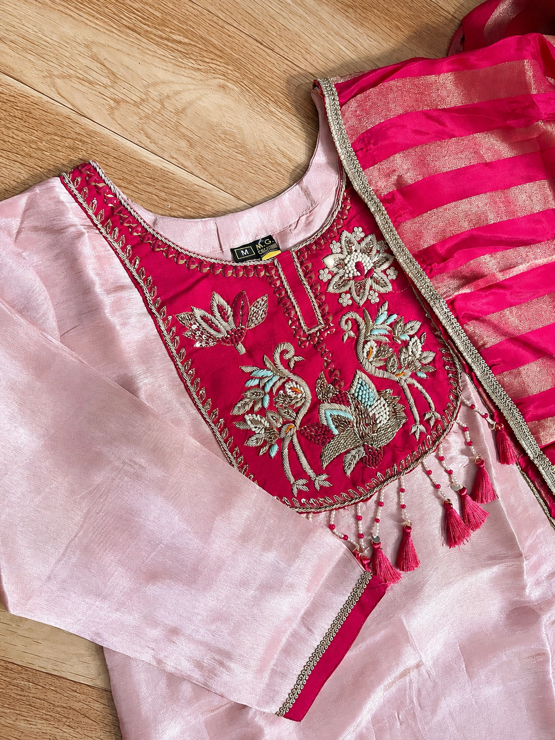 Blush Pink Peacock Embroidered shimmer Tissue Suit Set