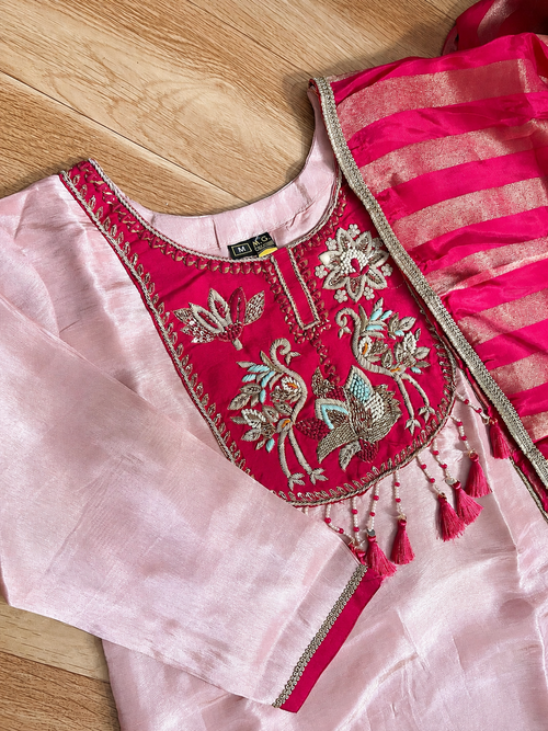 Blush Pink Peacock Embroidered shimmer Tissue Suit Set