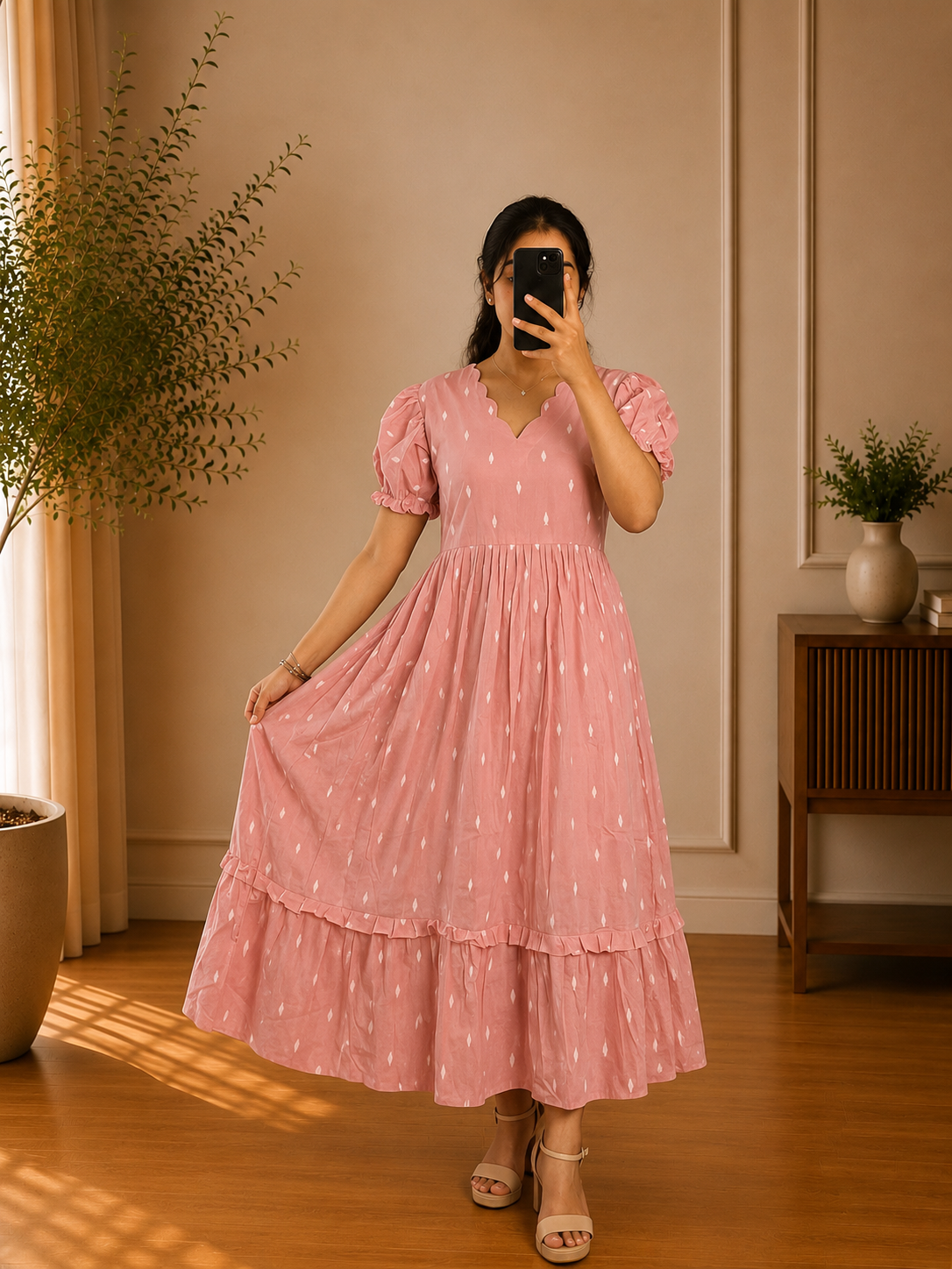 Blush Pink Cotton Buti Tiered Maxi Dress with Scalloped Neck