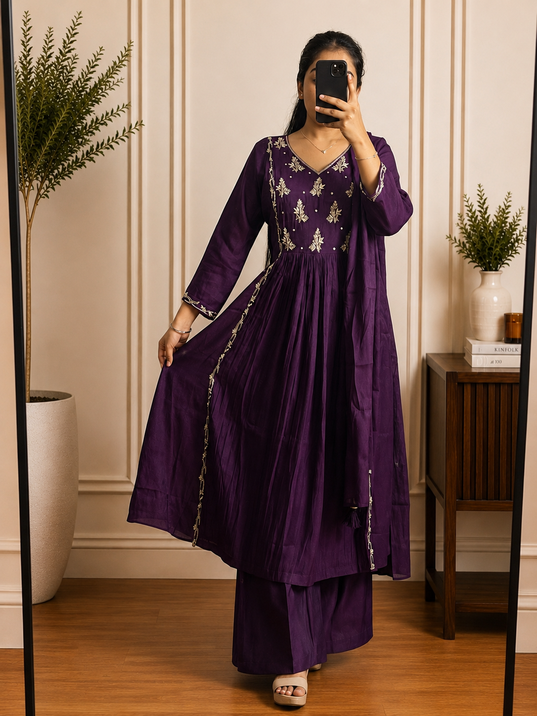 Royal Purple Antique Silver  Floral Embroidered Mul Chandheri Suit Set