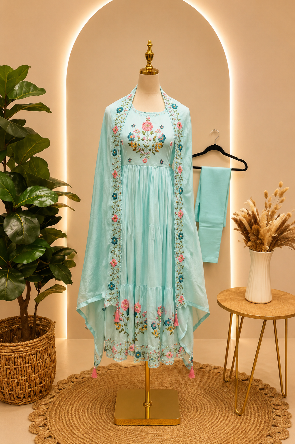 Powder Blue Floral Embroidered Chinnon Suit Set with Dupatta 🌸💙