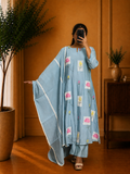 Sky Blue Mul Chandheri Floral Thread Embroidered Suit Set
