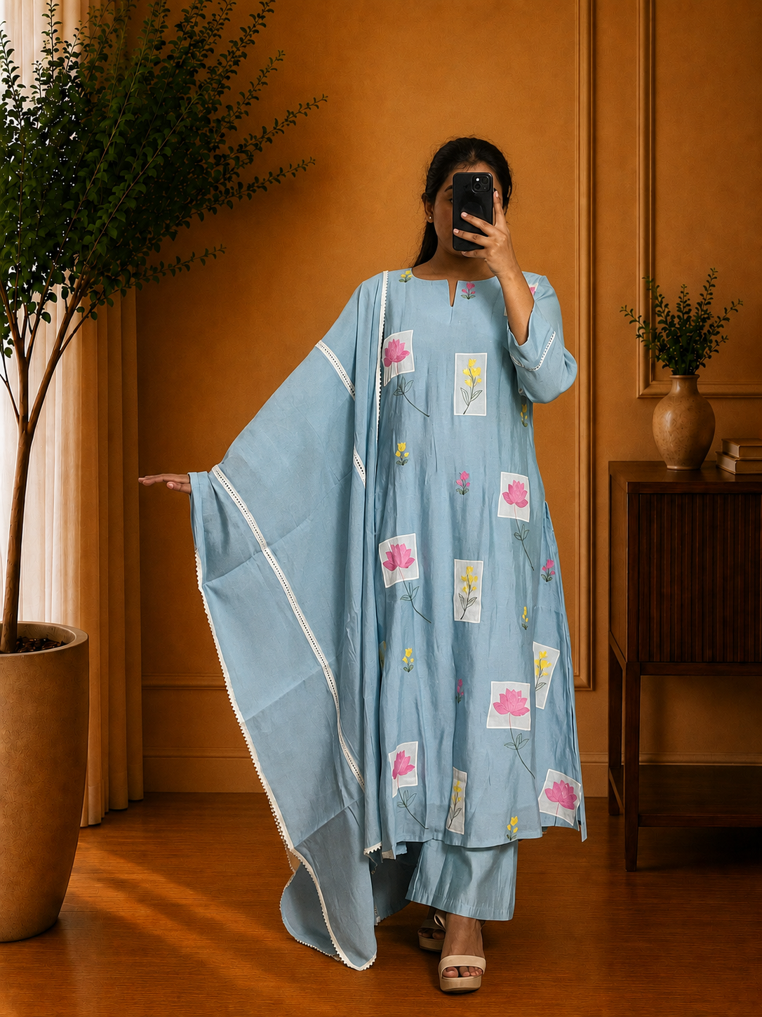 Sky Blue Mul Chandheri Floral Thread Embroidered Suit Set