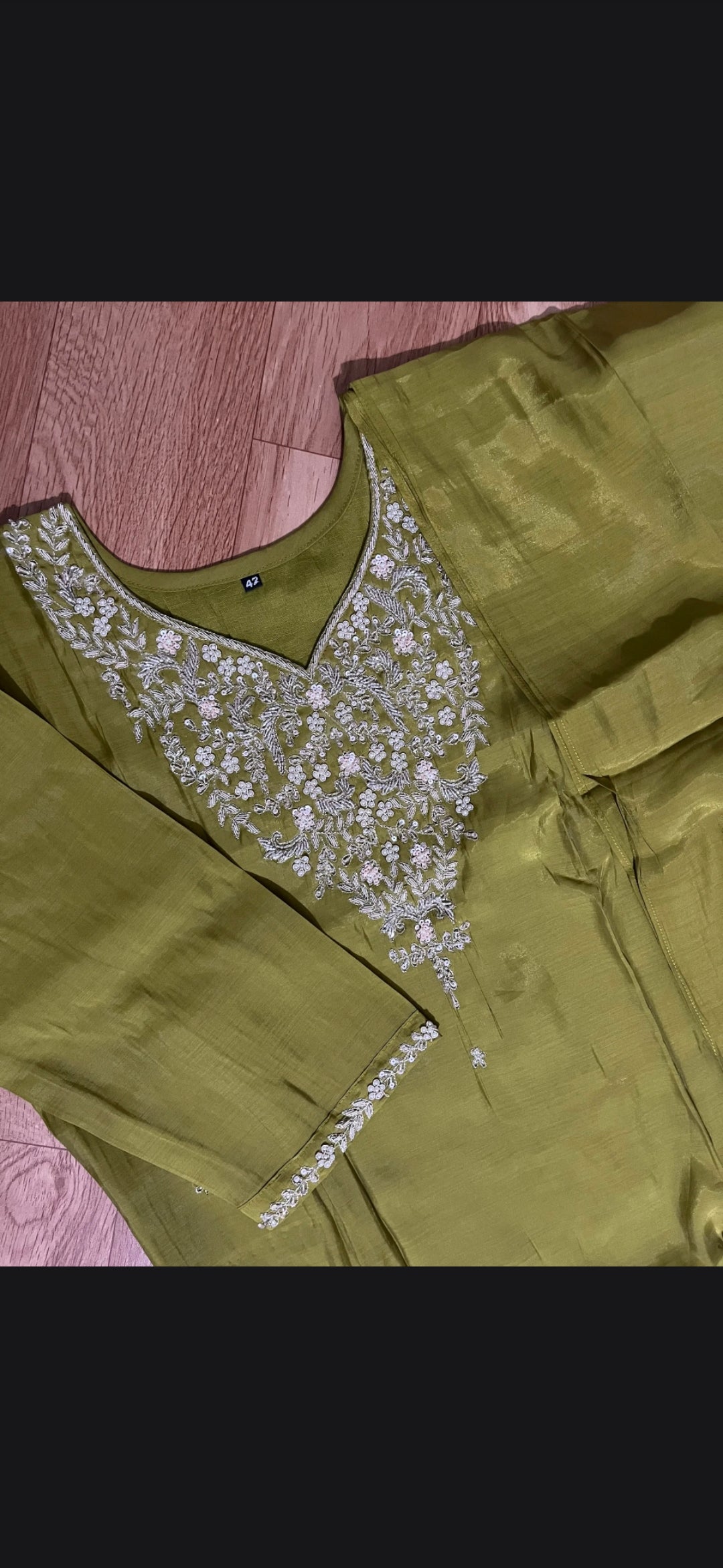 Olive Green Floral Thread Embroidered HO Silk Suit Set
