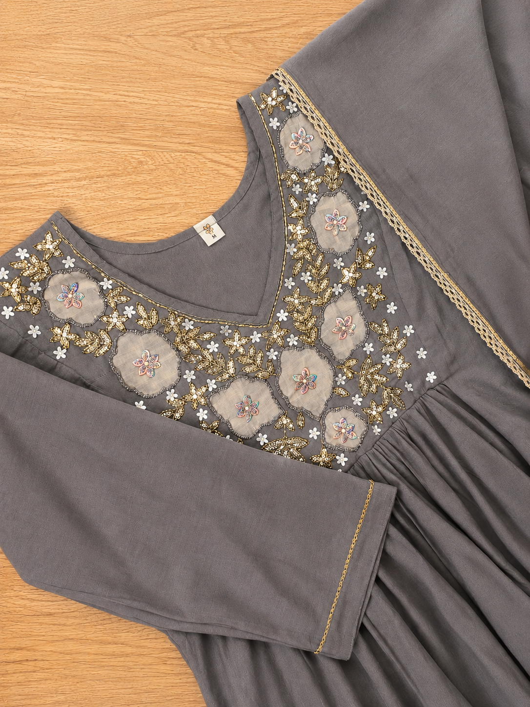 Slate Grey Mul Chandheri Floral Thread Embroidered Anarkali Suit Set