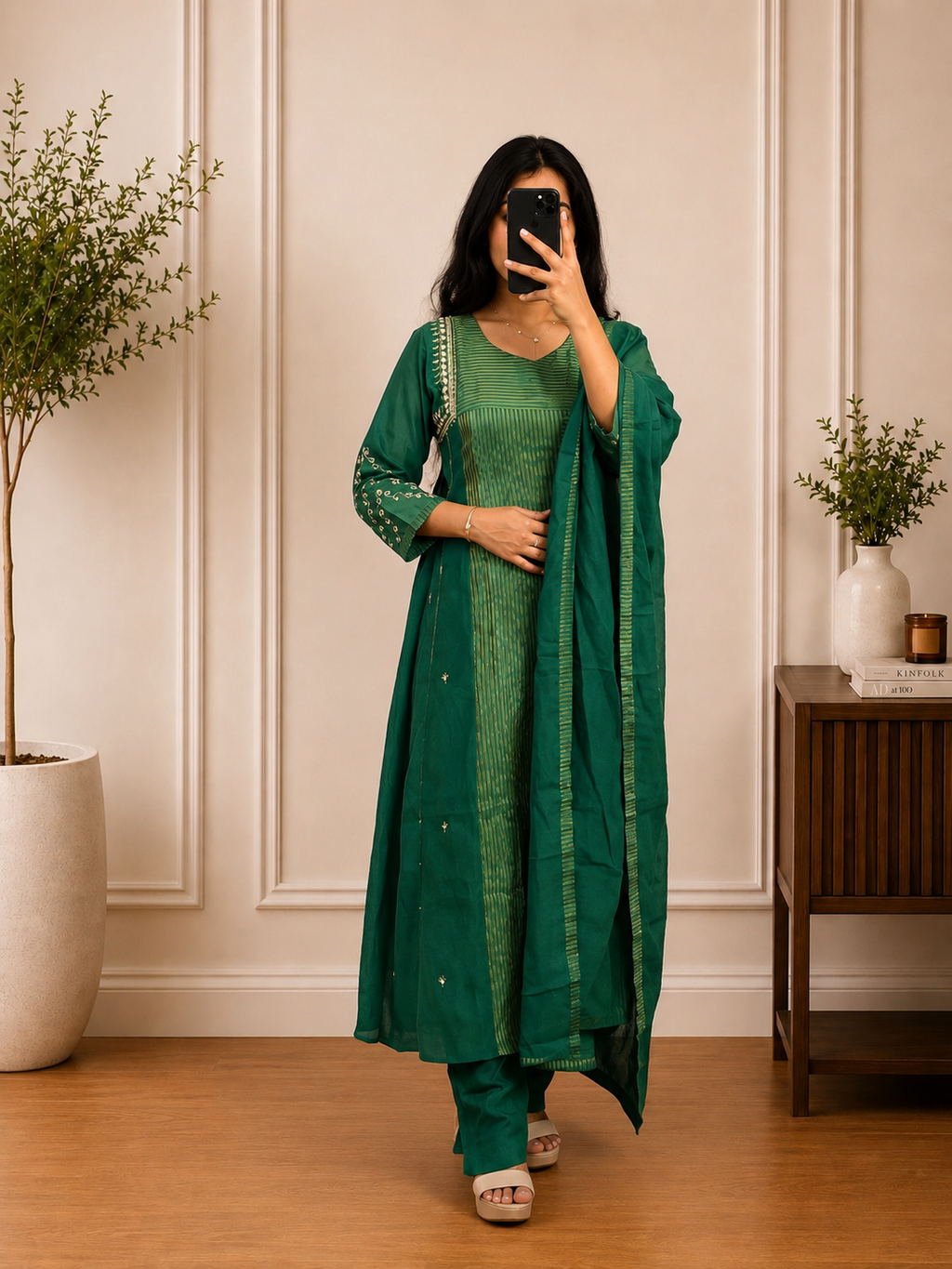 Emerald Green Chandheri Zari Stripe  Embroidered A-Line Suit Set