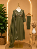 Olive Green Floral Embroidered Anarkali Suit Set with Dupatta 🌿✨