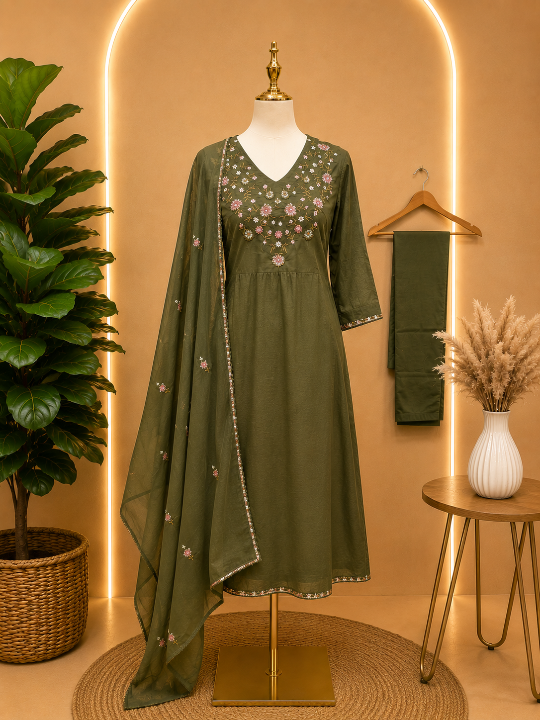 Olive Green Floral Embroidered Anarkali Suit Set with Dupatta 🌿✨