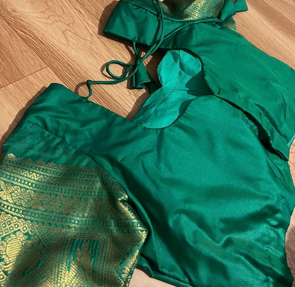 Gadwal Green & Red Traditional Half Saree with Stitched Blouse