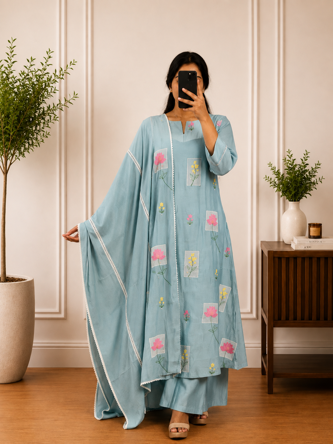 Sky Blue Mul Chandheri Floral Thread Embroidered Suit Set