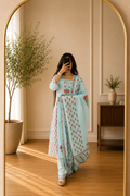 Sky Blue Floral Printed Cotton Suit Set with Lace-Up Neckline & Coordinated Dupatta