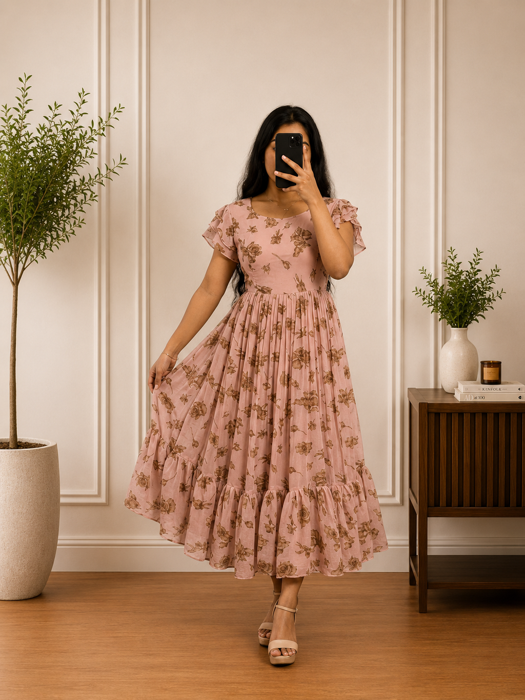 Boutique stitched Dusty Pink Floral Printed Georgette frocks