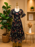 Midnight Bloom Silk Kota Floral Tiered Frock