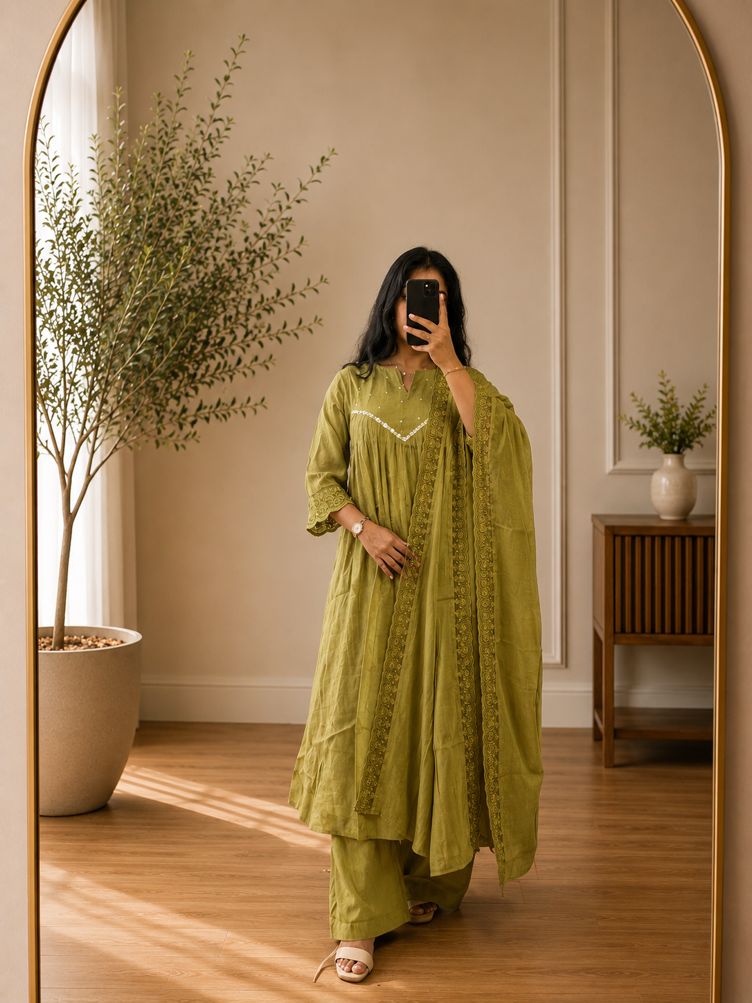 Olive Green Lace Yoke Anarkali Suit Set with Scalloped Lace Dupatta